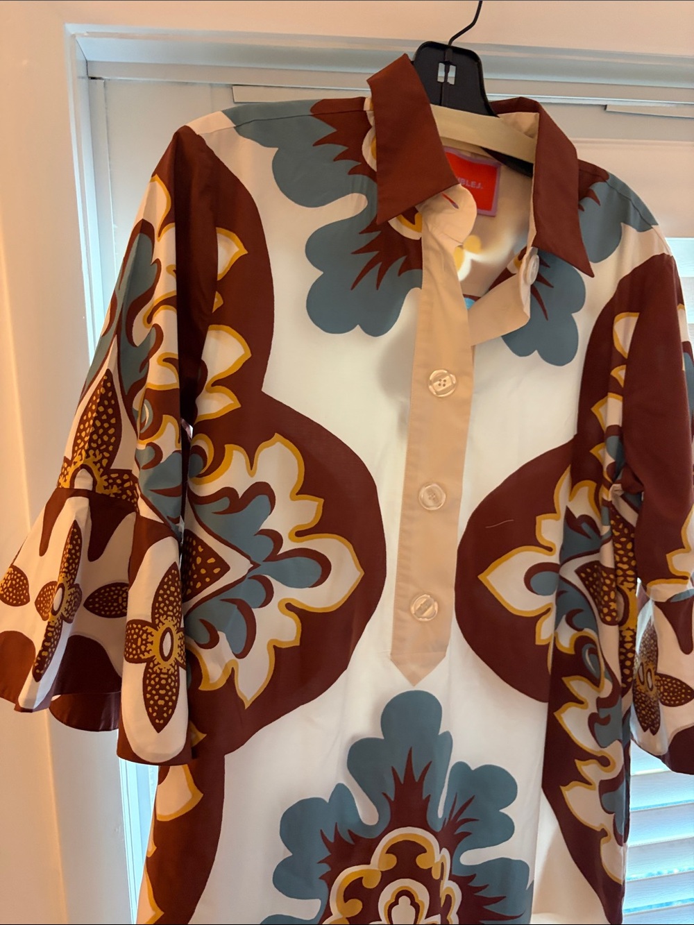 LA DoubleJ White Midi Dress with Brown and Blue Medallion Print - Picture 3 of 4